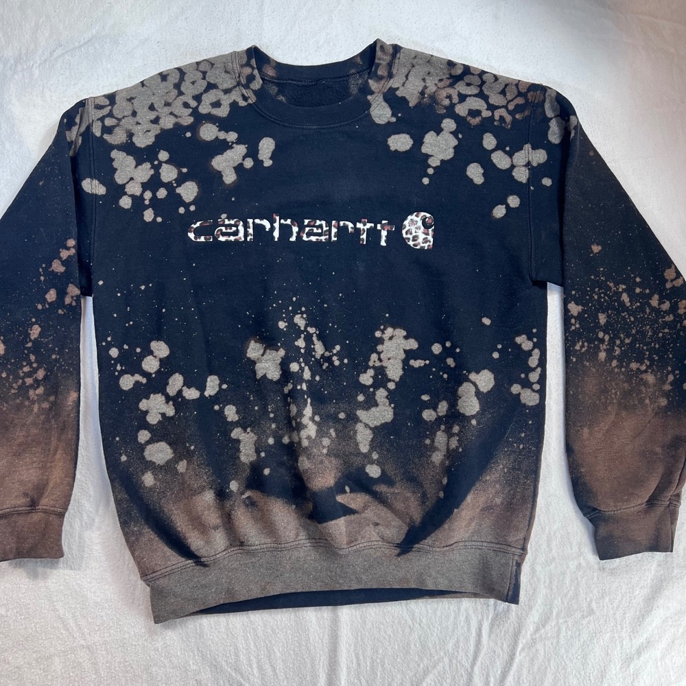 Carhartt Custom Acid Wash Bleach Dye Leopard Logo Sweatshirt Black Mens Medium